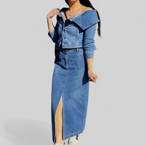 HOUSE OF HARLOW 1960 Denim Midi Pencil Skirt High Rise Split Front Blue - Picture 2 of 9